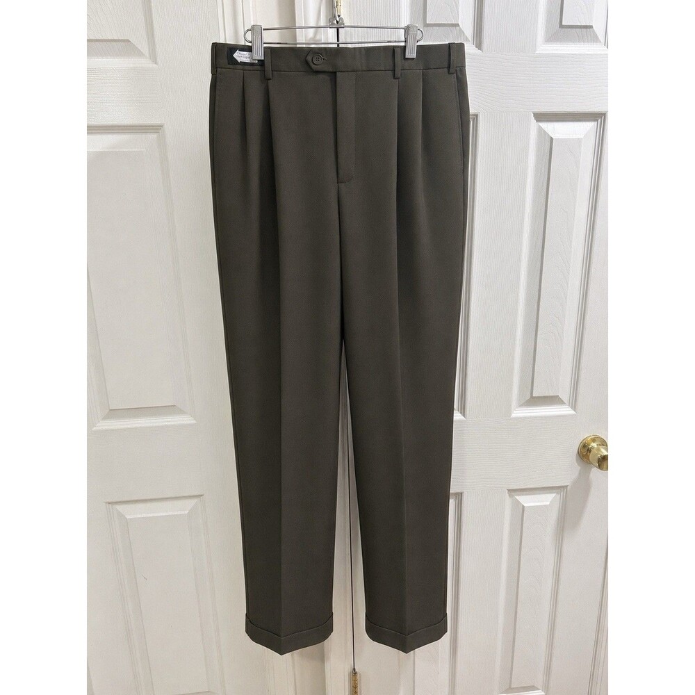 Savane Comfort Plus Dress Pants Mens 36W 34L Gray Pleated Cuffed Slacks